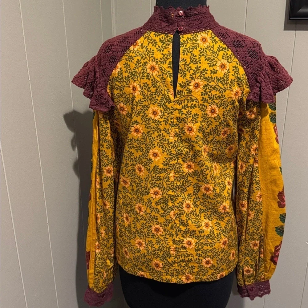 Farm Rio 100% cotton floral print lace bodice/collar ruffle floral print top. - Picture 5 of 10